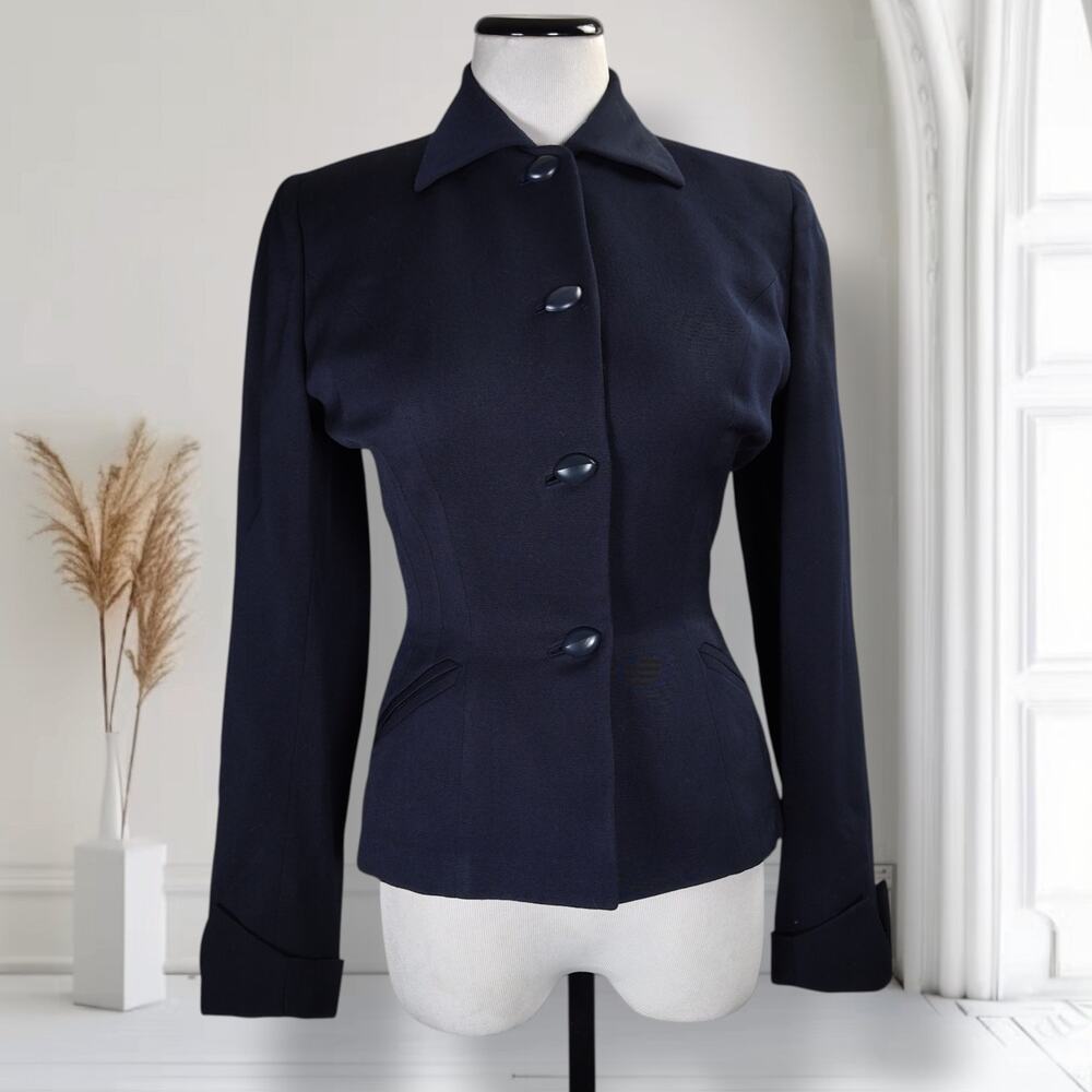 Late 1940s Handmacher Wool Gabardine Jacket Navy Size 2